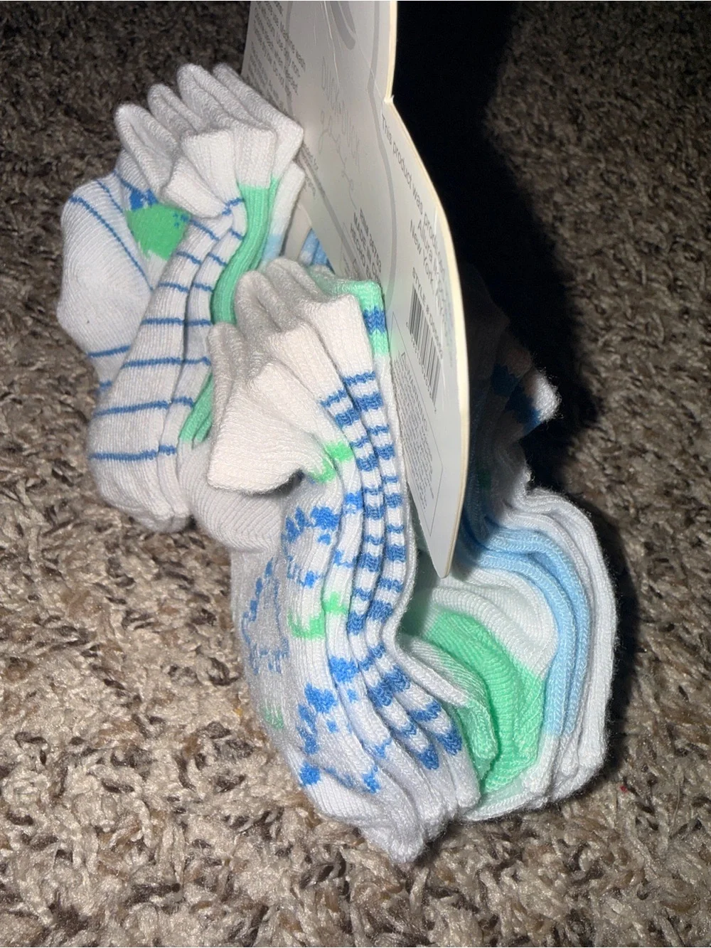 Duck Duck Goose 10-Pack Baby Socks (12-24M) - White with Blue & Green Prints